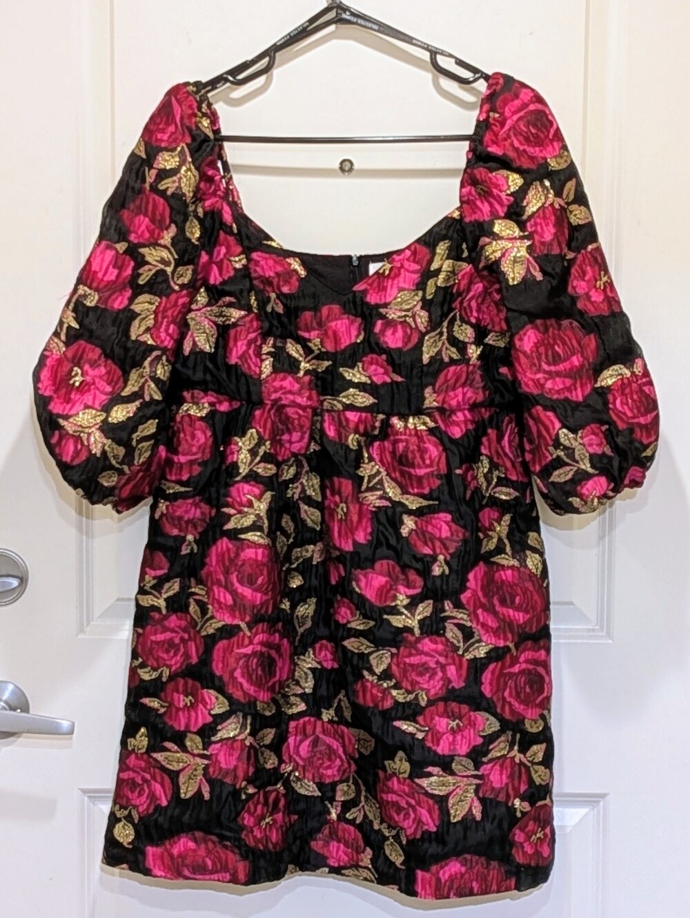EUC Selected Femme 38 Ivanka Black Pink and Gold Floral Brocade Mini Dres
